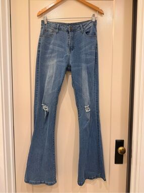 Classic Light Blue Distressed Flare Jeans - Women